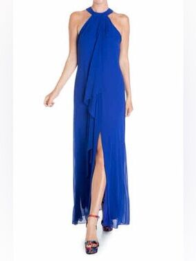 Meghan LA Cobalt Blue Halter Maxi Gown NWT Small Ruffle Formal Dress